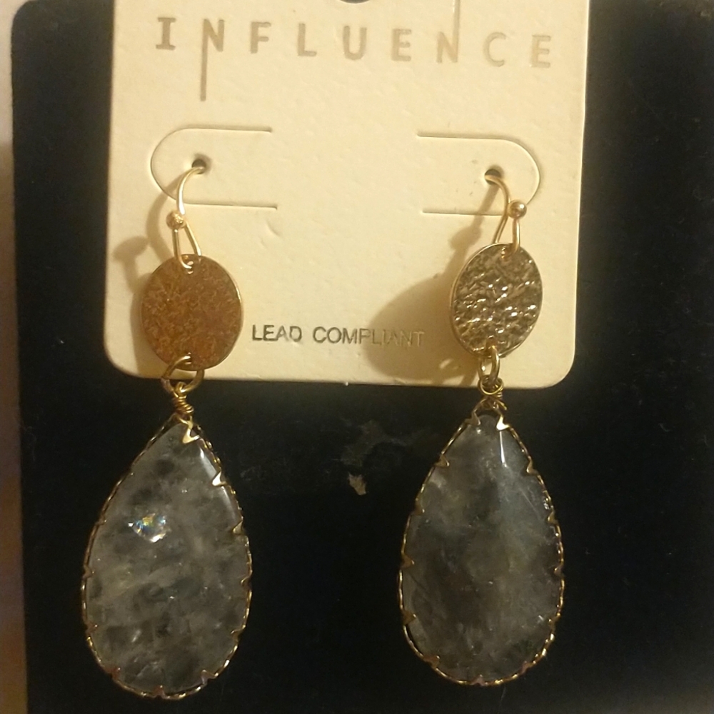 Influence GORGEOUS Grey Blue Diamond Cut Geode Druzy Gold Tone Dangle Earrings - Picture 3 of 10